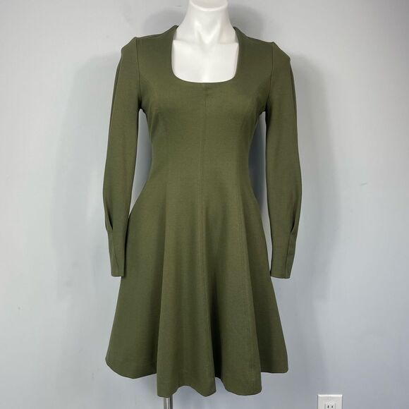 Pearl by Lela Rose Ponte Square Neck Dress Olive Green Long Sleeve A Line 0 Rare - Picture 3 of 16